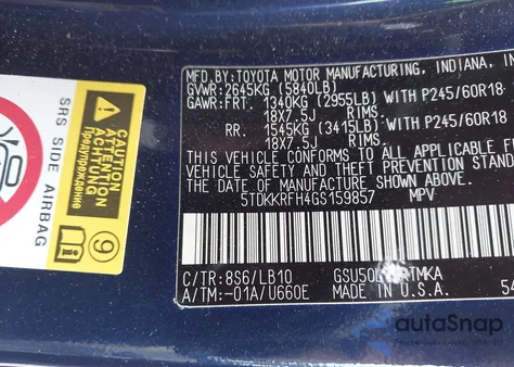 2016 Toyota Highlander Xle z USA, uszkodzony, nr VIN 5TDKKRFH4GS159857